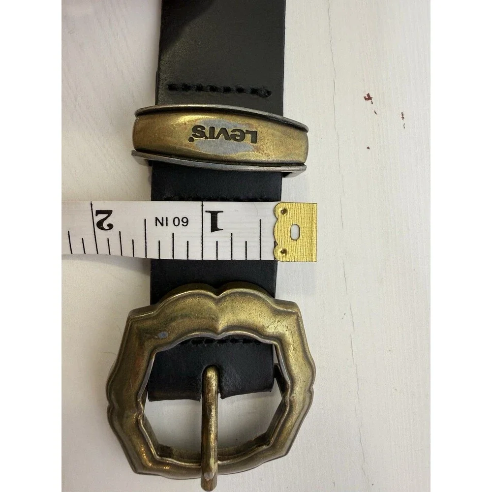Levi’s Black Leather Belt Western Buckle Brass Horse Logo Size 38